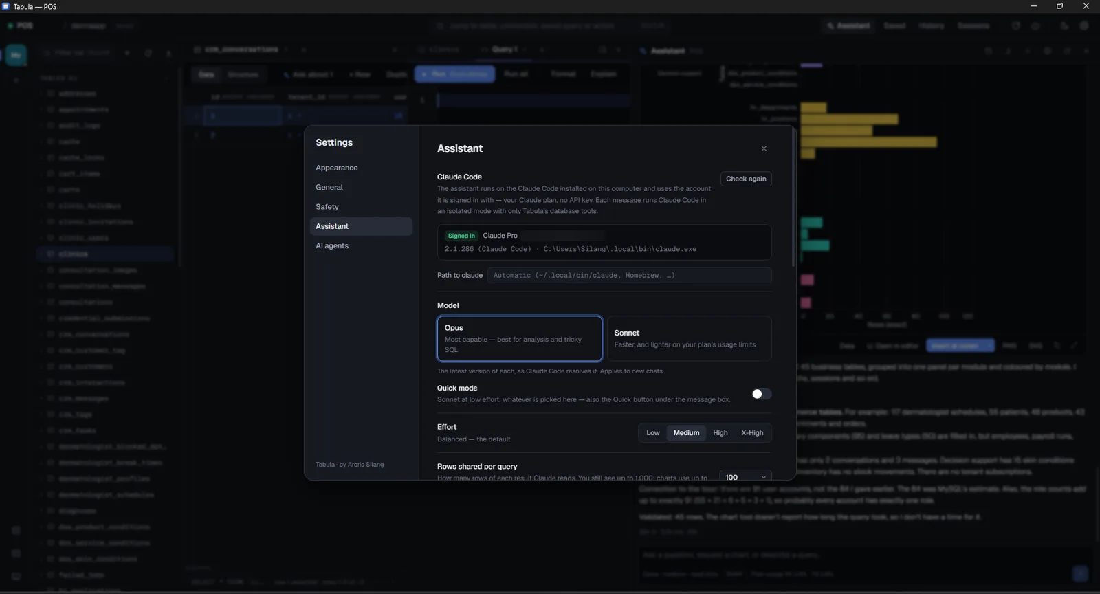 Tabula settings open on the Assistant panel, showing a signed-in Claude Pro account, the detected Claude Code version and path, and a choice between the Opus and Sonnet models.