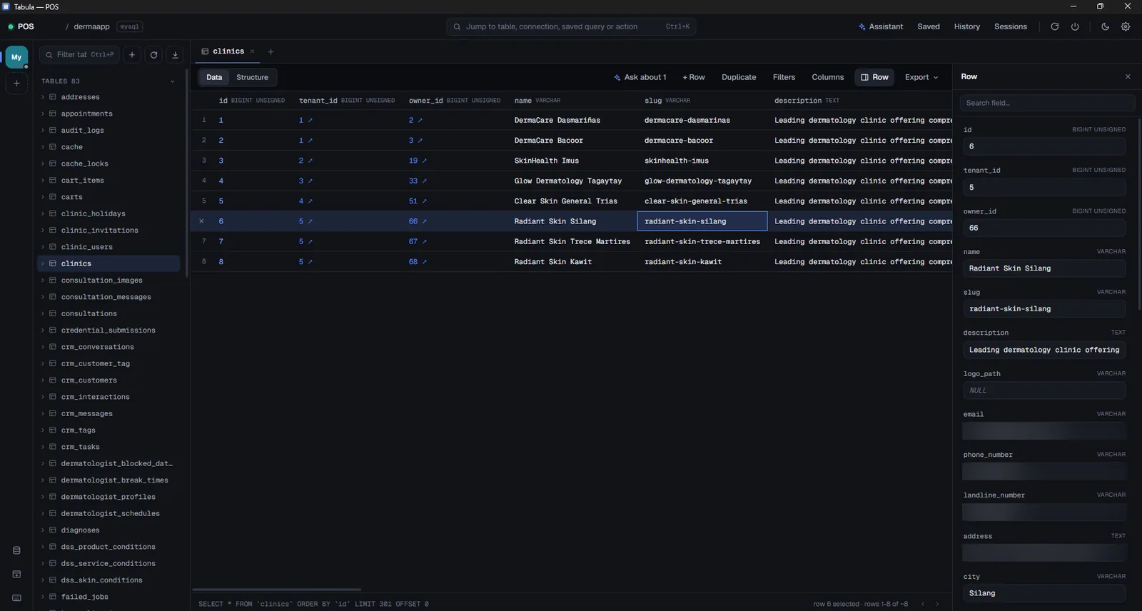 A table of clinics open in Tabula, with a row selected and its fields listed in an editable panel on the right.