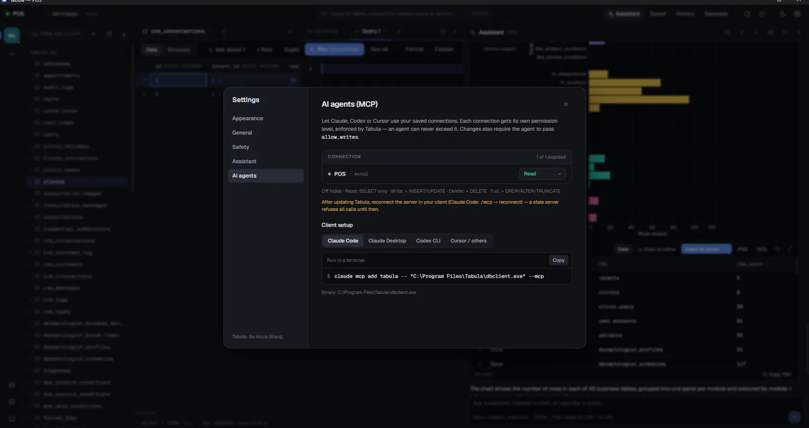 Tabula settings open on the AI agents panel, showing a saved connection with a permission dropdown set to Read, and a paste-ready setup command for Claude Code.